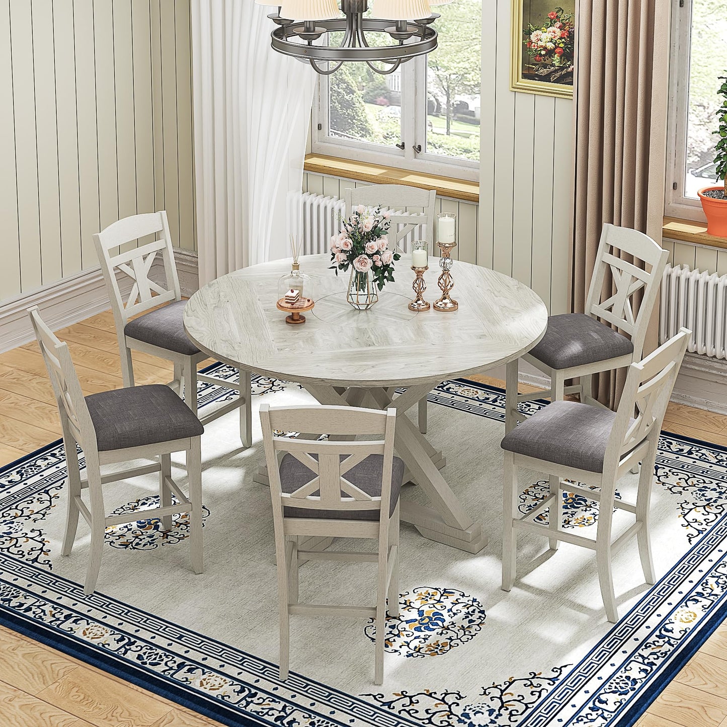 VECELO 7-Piece Solid Wood Foldable Dining Table Set for 6, Farmhouse Round Dining Table with 6 Upholstered Dining Chairs for Dining Room, Kitchen, Washed Gray