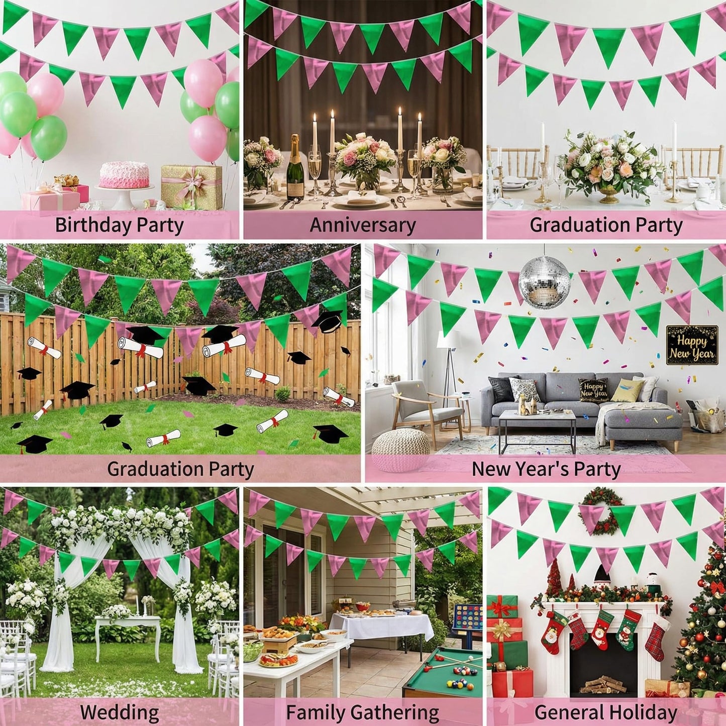 64ft Green and Pink Triangle Pennant Banner Flag Metallic Paper Bunting Garland for Hanging Backdrop Birthday Decorations Graduation Bachelorette Bridal Wedding Shower Party Supplies