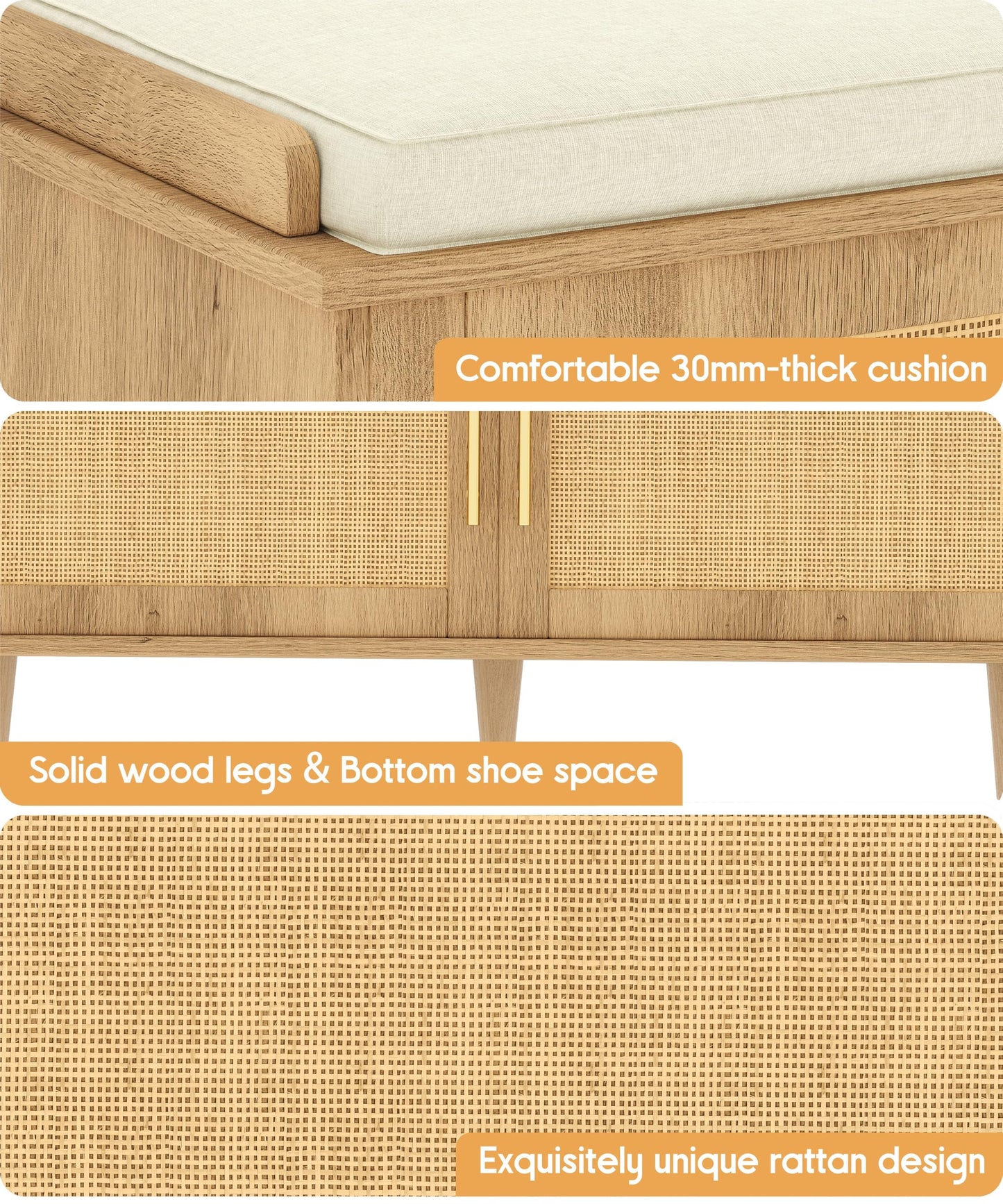 Akxomel Rattan Shoe Storage Bench with Cushion, 2-Tier Entryway Bench with Adjustable Shelves and 2 Doors, 15" D x 31.5" W x 20" H, Solid Wood Legs, for Hallway, Living Room, Bedroom, Natural Oak