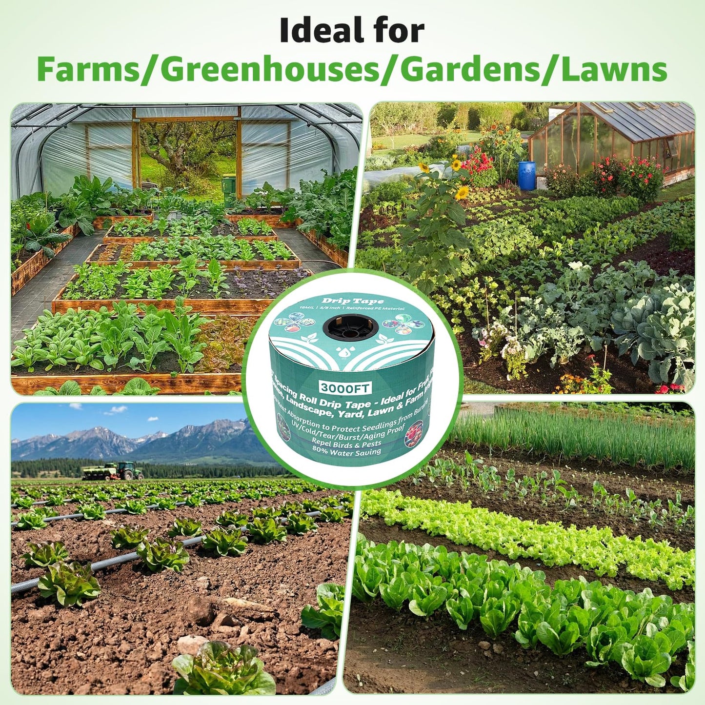 3000FT 5/8" Drip Tape Irrigation, 16 Mil Heavy Duty with 6" Emitter Spacing, Silver Reflective Drip Tape Resistant to Pecking & Biting, Heat-Safe for Seedlings, Ideal for Garden Farm Greenhouse Patio