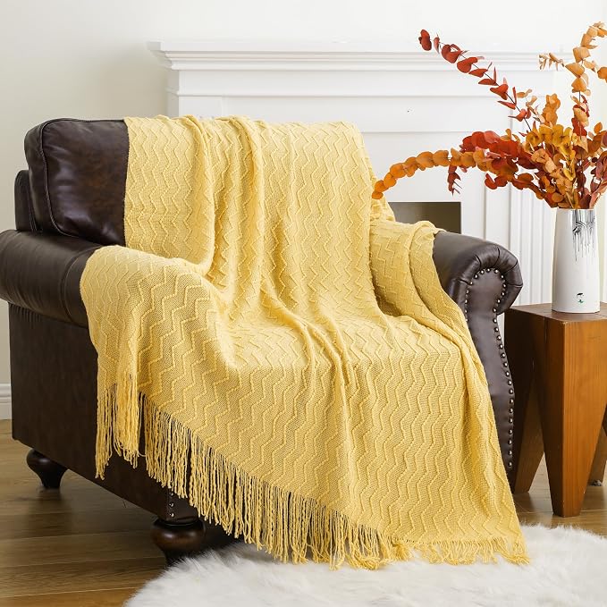 BATTILO HOME Yellow Throw Blanket for Couch, Textured Soft Gold Throw Blankets, Decorative Knitted Mustard Blanket for Sofa Bed Living Room, 50"x60"