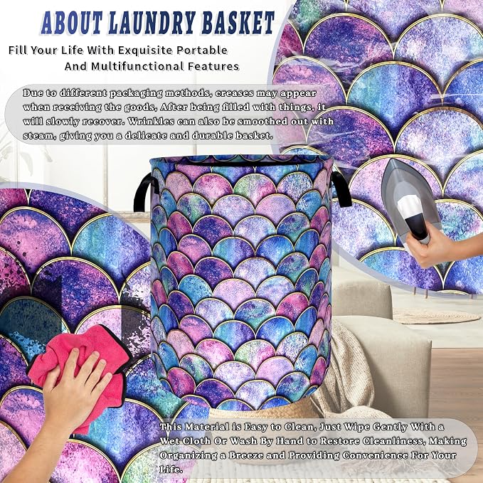 Colorful Mermaid Scales Laundry Basket Foldable Oxford Cloth Beautiful Fish Scales Laundry Hamper With Handle Clothes Storage Organizer Basket 18.9"x16.5"Storage Bag For Laundry Room/Bathroom/Bedroom