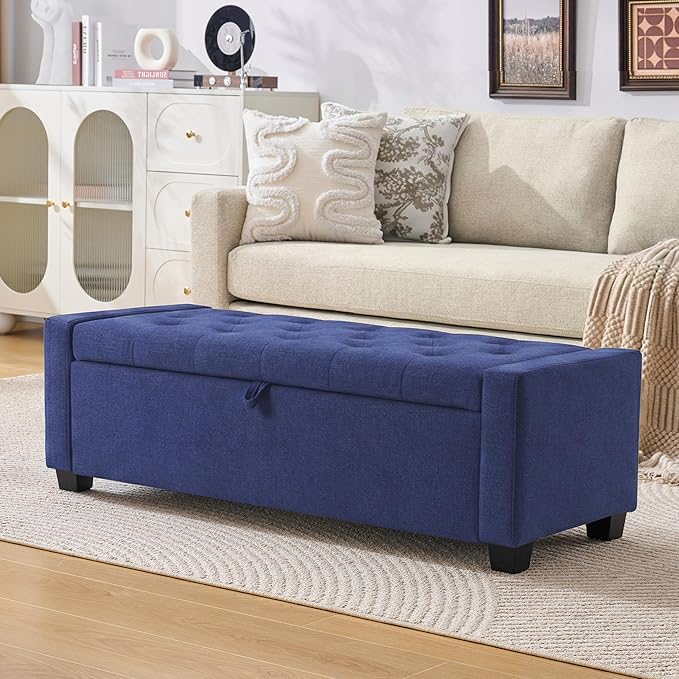 Huatean Home 48" Ottoman with Storage, Storage Ottoman Bench with Safety Hinge, Upholstered Entryway Bench with Seating for Bedroom, Living Room, Holds up to 330 lb, Blue