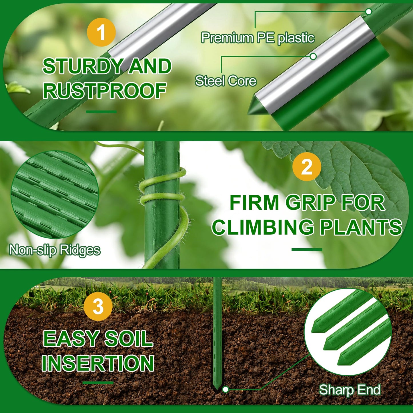 WAENLIR Garden Stakes16 Inch 48 Pack, Tomato cage DIY 4ft 5ft 6ft 7ft 8ft Plant Support Stakes with Connectors and Clips, Plastic Coated Metal Sticks for Tomato Indoor Outdoor