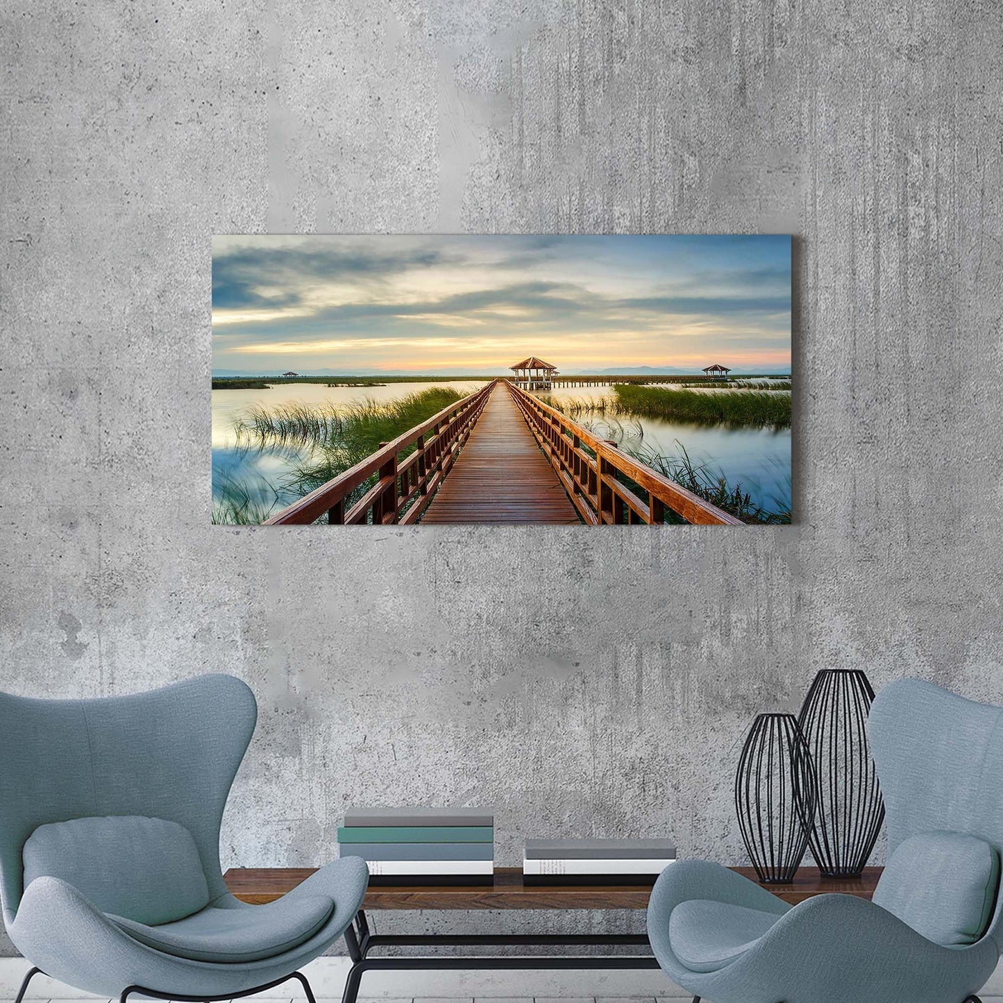 Lake Bridge Canvas Wall Art - Sunset Sky Landscape Painting Pier Walkway Picture Nature Prints Scenery Artwork for Living Room Home Office