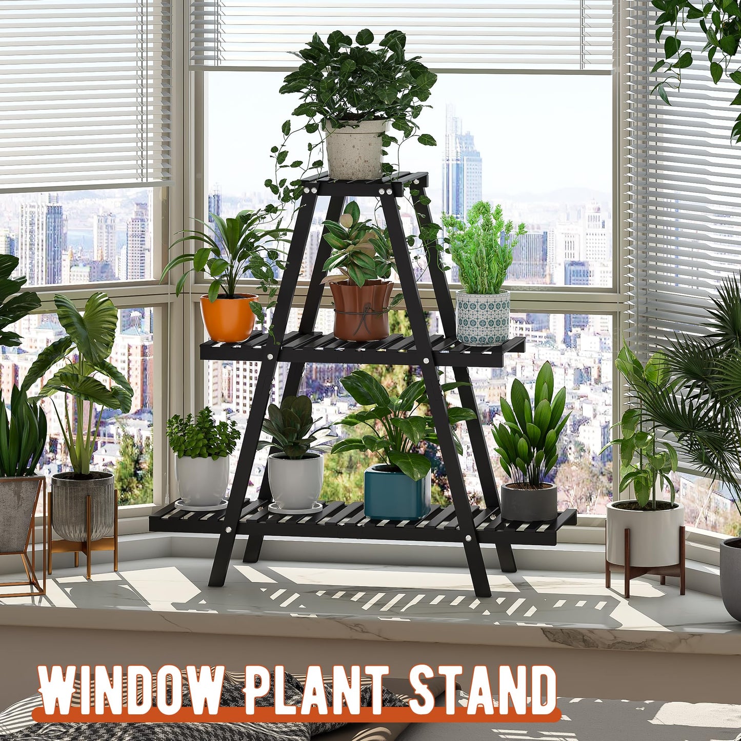 GHWIE Plant Stand Indoor Plant Shelf Outdoor bamboo Plant Rack, 3 Tiers Ladder Plant Holder Flower Stand for Living Room Balcony Garden Patio,Living Room Boho Home Decor for Gardening Gifts (Black)