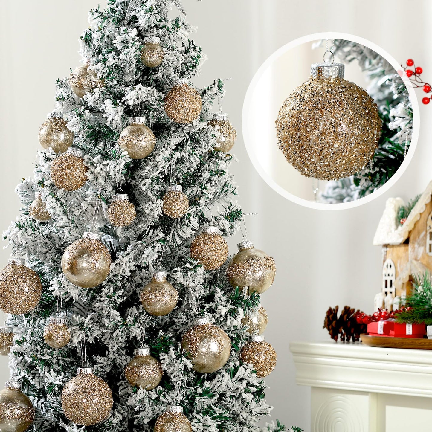 Civaner 24 Pcs Glitter Christmas Ball Ornaments Set 3.2'' 2.4'' 1.6'' Christmas Tree Ornaments Hanging Sequin Shatterproof Balls for Xmas Tree Wreath Garland Xmas Home Decor(Champagne Gold)