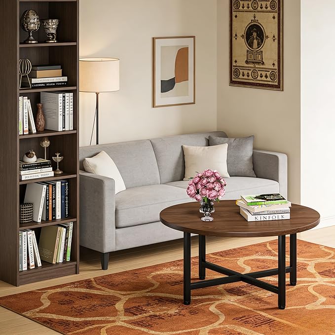 FAMIDGE Coffee Table, 23.6" Coffee Tables for Living Room, Round Coffee Table with Metal Frame, Floor Table for Sitting on The Floor, Home, Office, Dark Walnut