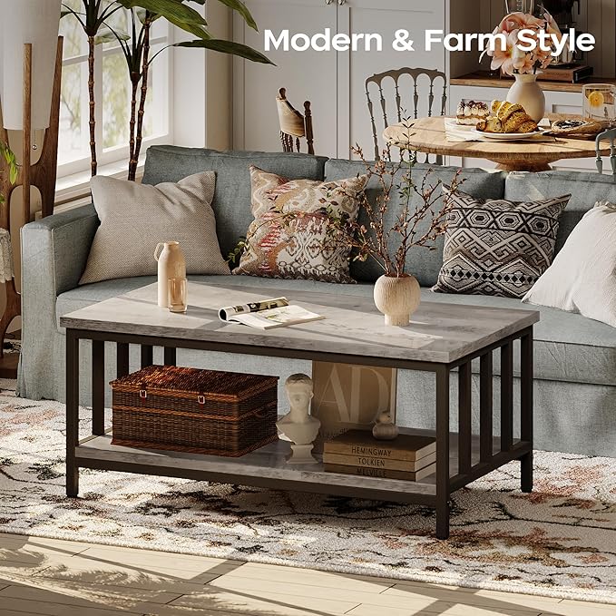 Homeiju Coffee Table for Living Room with Slatted Sides Frame, Modern Farmhouse Living Room Table with 2-Tier Storage Shelf for Home Office, Apartment, Grey Wash, 39 inch
