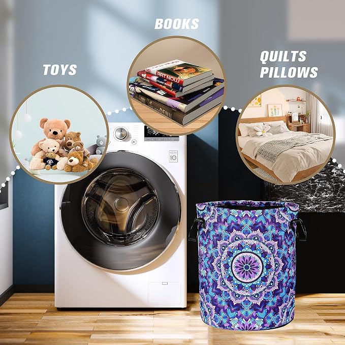 Mandala Laundry Basket Beautiful Flowers Foldable Oxford Cloth Funny Tote Bag Laundry Hamper Clothes Storage Bucket Organizer For Bathroom/Laundry Storage/Bedroom 18.9x16.5 Inch