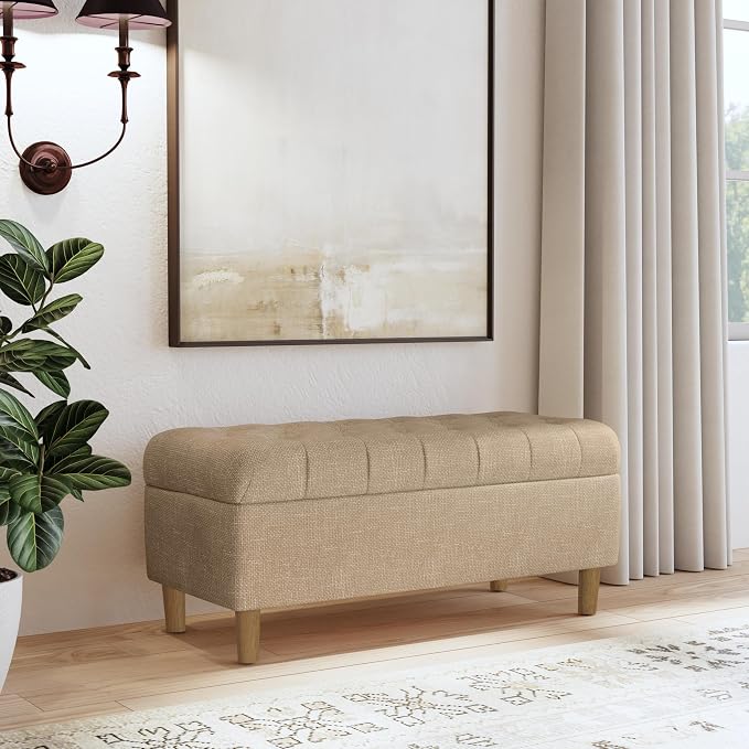 Homepop Home Decor | Tufted Ainsley Button Storage Ottoman Bench with Hinged Lid | Ottoman Bench with Storage for Living Room & Bedroom, Light Tan Textured Solid