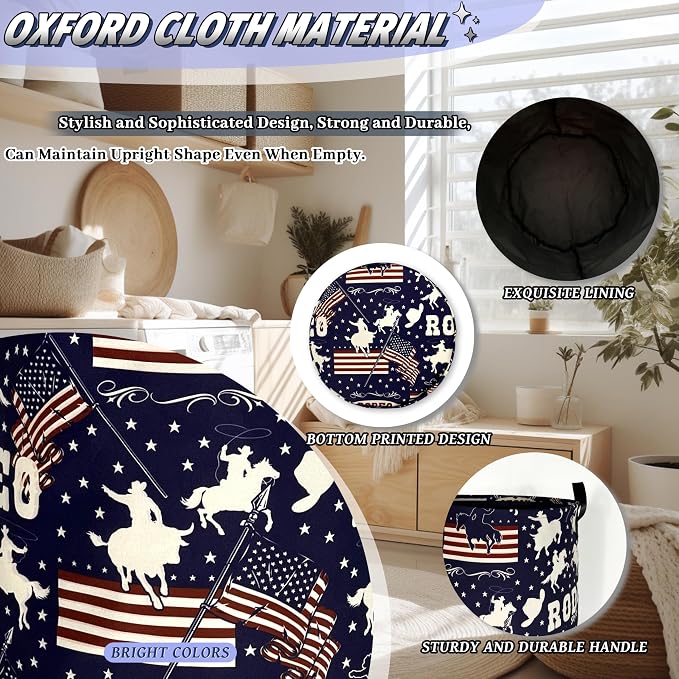 Western Cowboy Laundry Hamper Foldable Oxford Cloth American Flag Laundry Basket With Handle Portable Clothes Storage Organizer Basket 18.9"x16.5" Storage Bag For Laundry Room/Bathroom/Bedroom