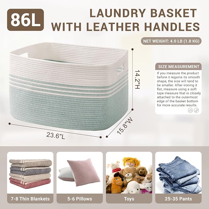 86L Large Laundry Basket for Living Room Storage,Woven Rope Baskets for Blanket,Kids Toy,Gifts,Wicker Hamper for Bedroom Dirty Clothes,24"x16"x14" White Green