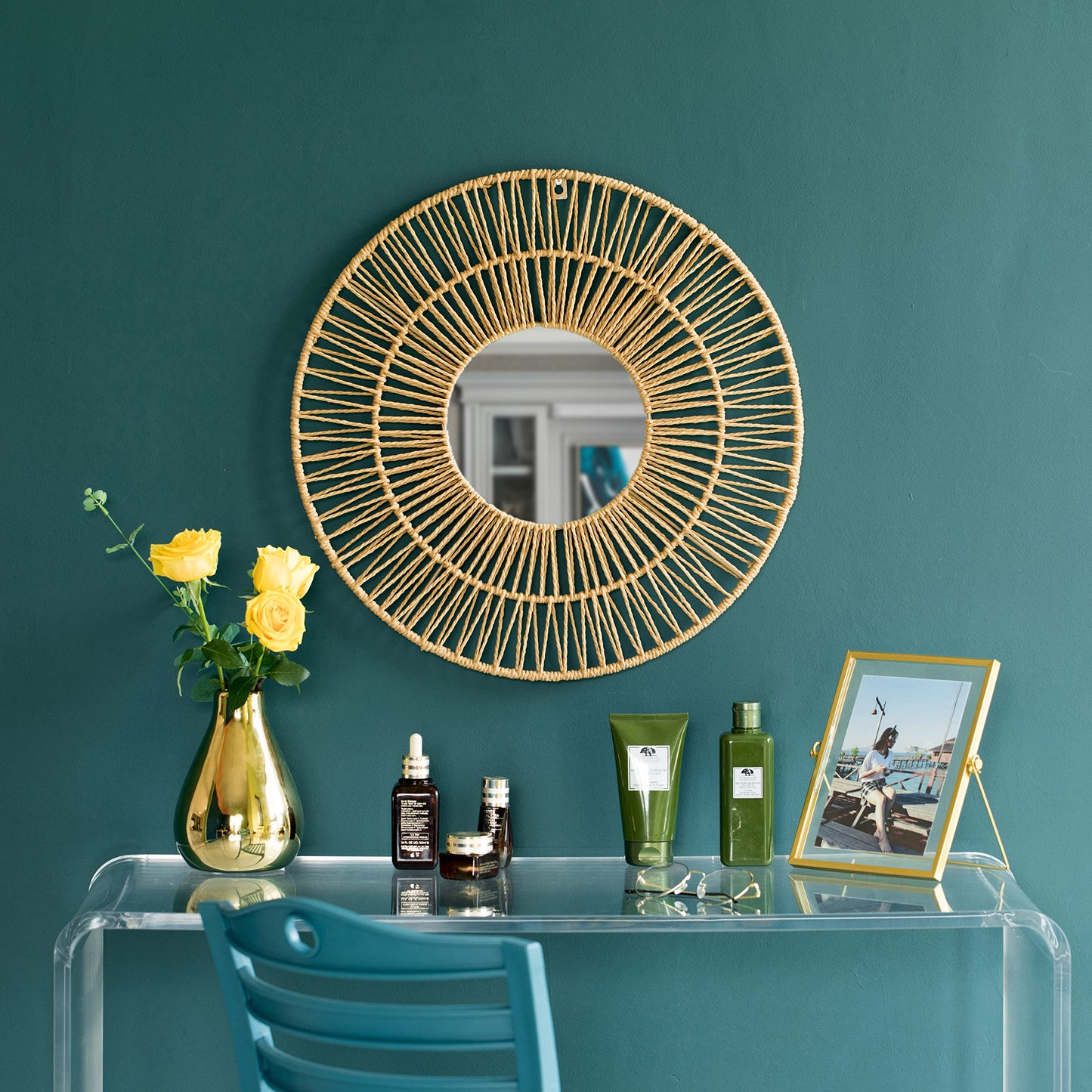 Vintiquewise Decorative Woven Paper Rope Round Shape Bamboo Wood Modern Hanging Wall Mirror
