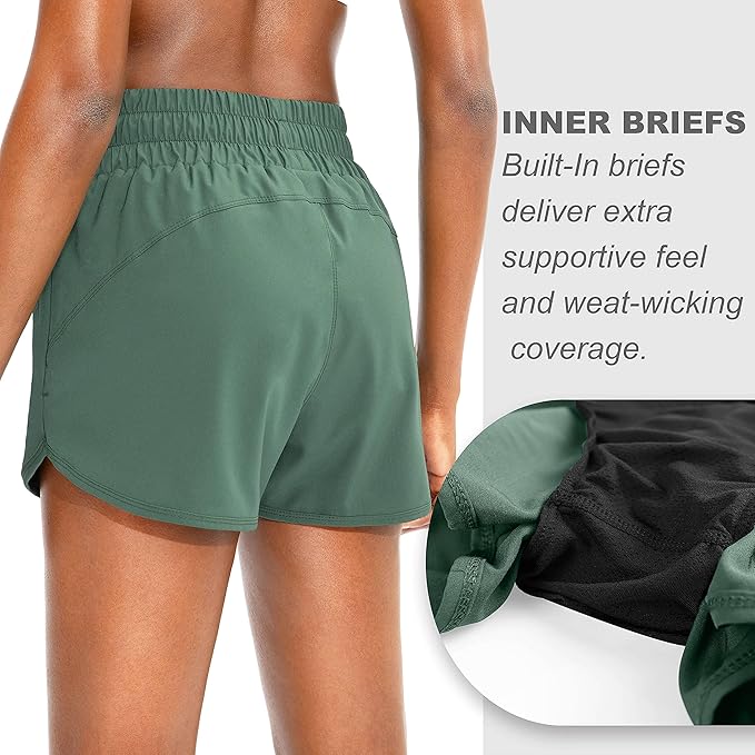 SANTINY Women's Running Shorts with Zip Pockets High Waisted Athletic Workout Gym Shorts for Women with Liner