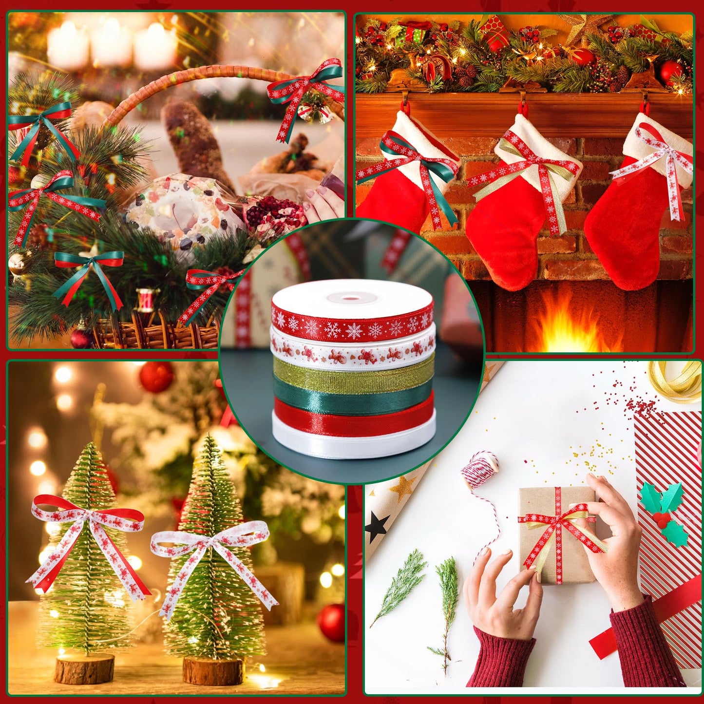 6 Rolls Christmas Ribbon for Crafts 3/8 Inch Glitter Fabric Holiday Festival Grosgrain Ribbon for Wrapping Decoration Floral Bows Craft(Gingerbread)