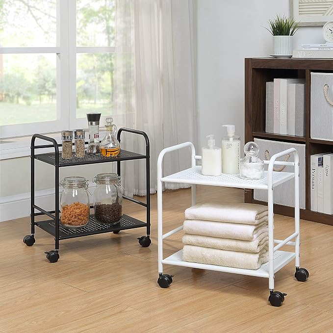 SunnyPoint 2-Tier Metal Rolling Utility Cart – Mobile Storage Shelf with Caster Wheels – Small Space Organizer for Home, Office, Bedroom, Kitchen (BLK) (Pack of 2)