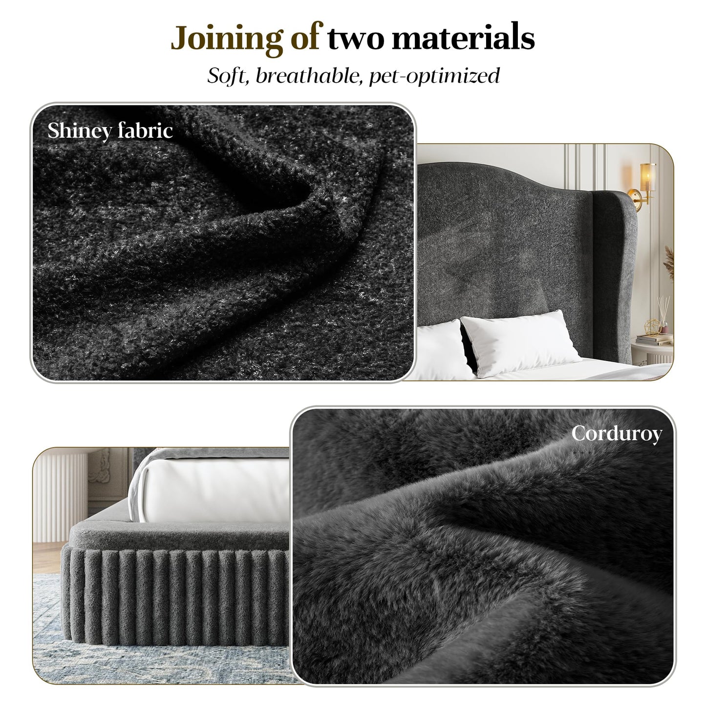 Homkdom Cloud Bed Frame Queen Size, Upholstered Platform Bed with Extra High Wingback Headboard, Shimmering Fabric & Thick Corduroy Design for Stability, No Box Spring Needed, Easy Assembly, Black
