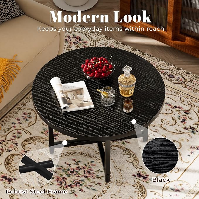 FAMIDGE Round Coffee Table, Small Coffee Tables for Living Room, Black Coffee Table with Metal Frame, Floor Table Desk for Sitting on The Floor, Home, Office, Farmhouse, Black (23.6" D x 17.7" H)