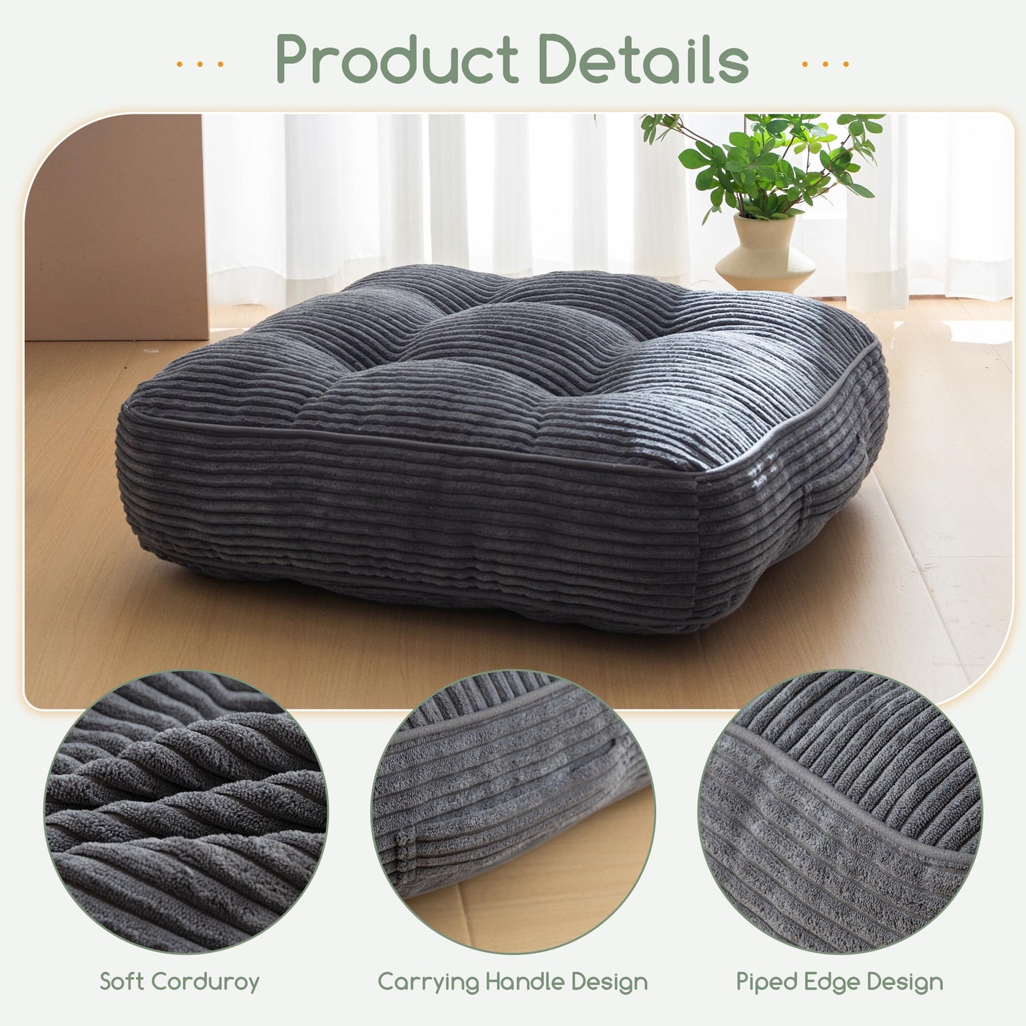 HIGOGOGO 6" Extra Thick Floor Pillow Cushion for Adults, Meditation Cushion Pillow, Large Square Floor Sitting, Tufted Corduroy Cover, for Tatami Living Room or Yoga, 22x22 Inch, 2Pack, Dark Grey