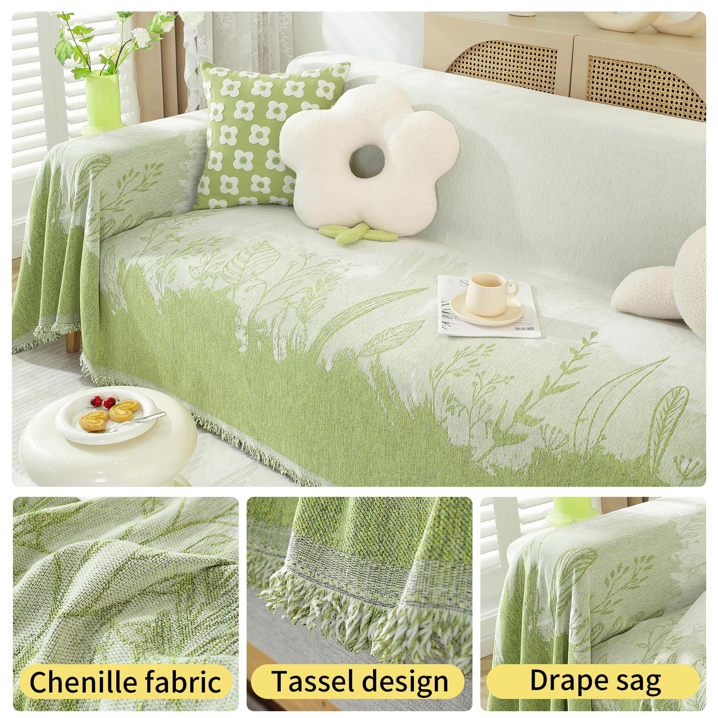 UWWGKK Couch Covers for Dogs Green Blanket Reversible, Loveseat Covers with Tassel Design,Sofa Cover for Home Decor,Living Room Furniture,Recliner Chair