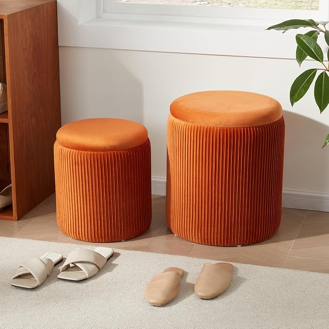 Royal Windsor Round Ottoman with Storage Set of 2,Vanity Stool with Storage for Bedroom, Ottoman Coffee Table,Small Velvet Foot Stool for Living Room, Orange