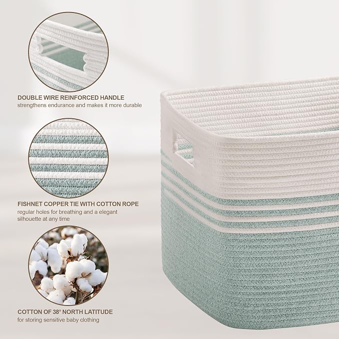 72L Large Laundry Basket for Living Room Storage, Woven Rope Baskets Bin for Blanket, Kids Toy, Gifts, Wicker Hamper for Bedroom Dirty Clothes, 22"x17"x12"White Green