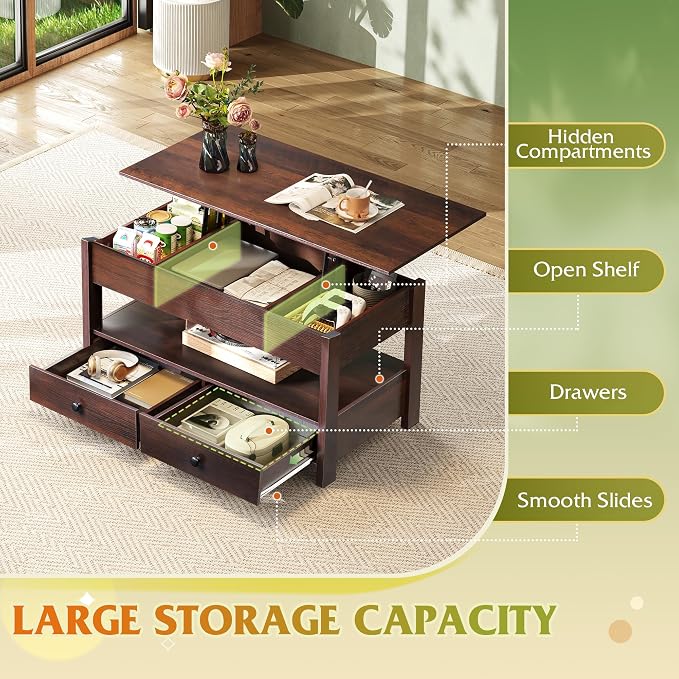 WLIVE Coffee Table, Lift Top Coffee Table with 2 Drawers, Large Hidden Compartment and Open Storage Shelf, Lift Tabletop, Dining Table for Living Room, Espresso