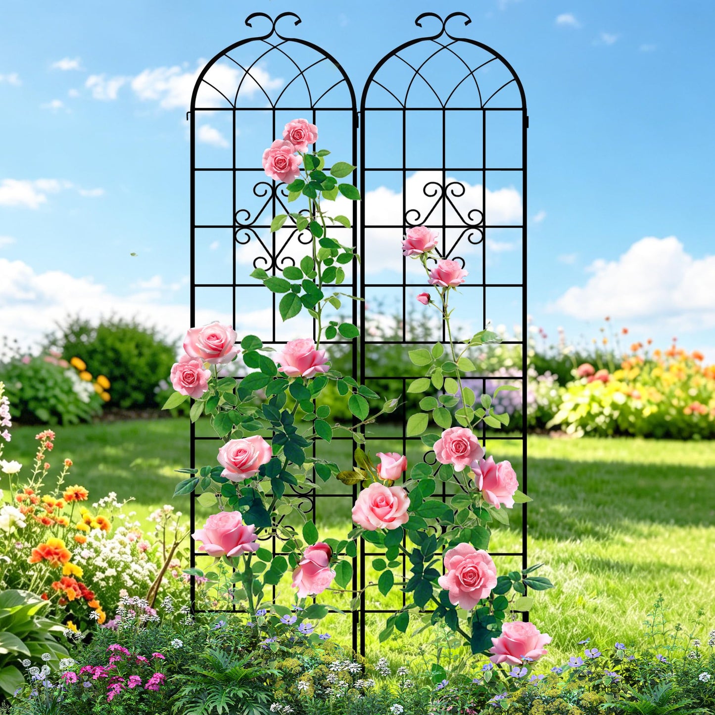 LZRS 2 Pack 78.7x20in Rustic Iron Arch Decoration Garden Trellis with Black Metal Coating – Perfect for Supporting Climbing Plants Outdoor, Roses, Vines, Flowers, and Vegetables.