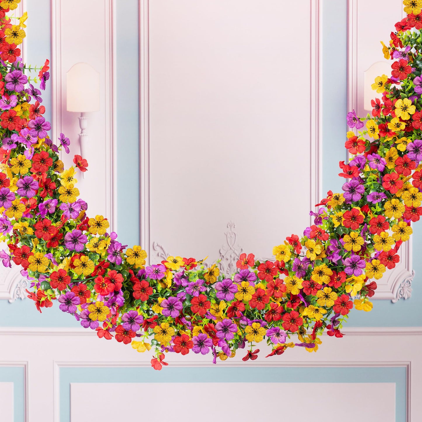 Artificial Flowers Garland Ivy, 4 Pack 5.9 FT Spring Summer Decor UV Resistant Fake Mums Floral Vine Silk Daisy Hanging Flower for Home Garden Wedding Decor Photo Booth Backdrop(Red purple yellow)