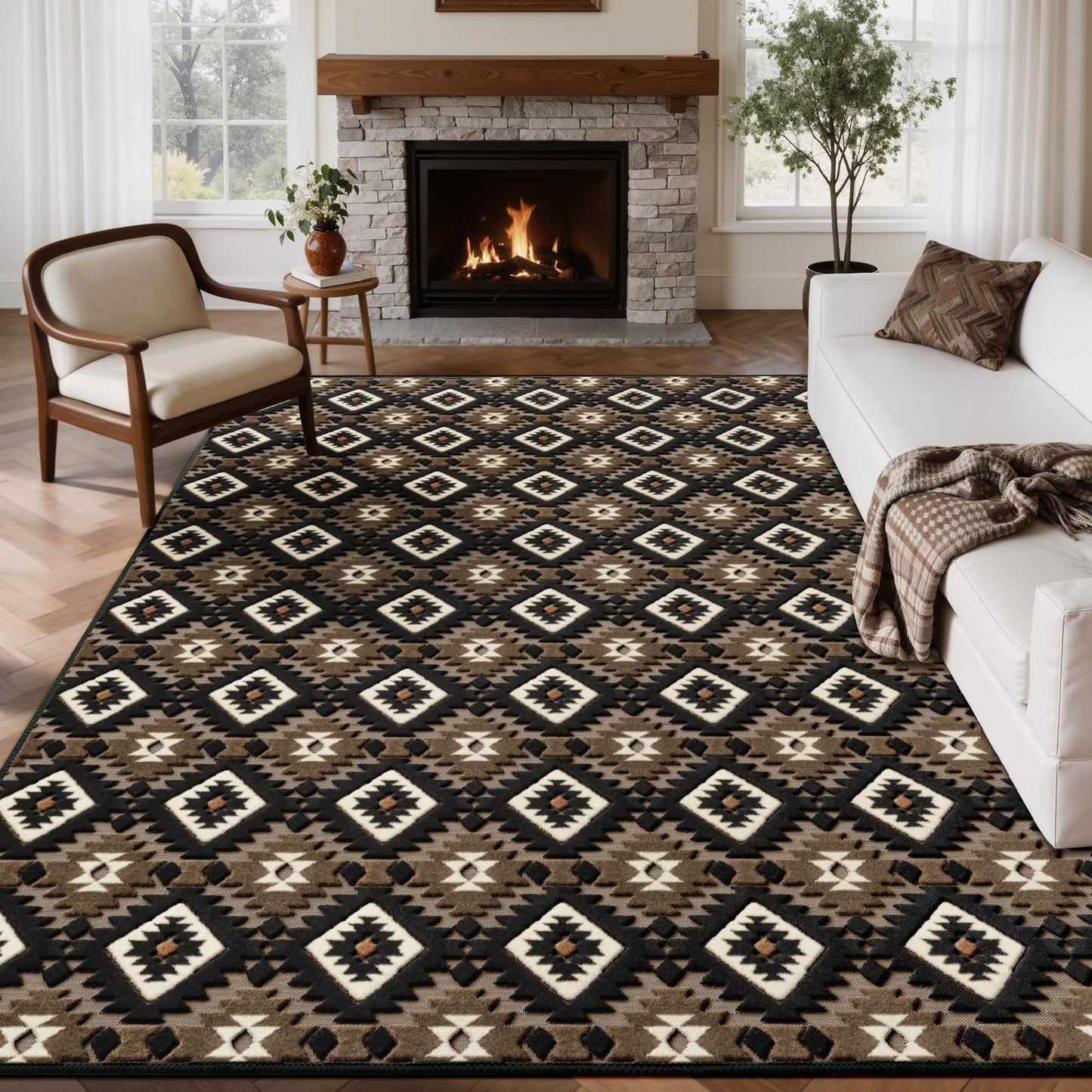 Aztec Area Rug 8x10, High-Low Plush Pile Western Washable Rugs for Living Room Bedroom, Boho Moroccan Geometric Non Slip Textured Fluffy Nursery Carpet Soft Indoor Shag Rugs for Dining Room, Brown