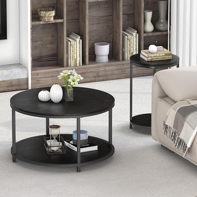 NSdirect Round Coffee Table, 27.6" Small Coffee Table for Living Room,2-Tier Rustic Wood Desktop with Storage Shelf Modern Design Home Furniture(Black)