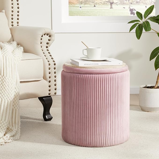 Royal Windsor Round Ottoman with Storage Set of 2,Vanity Stool with Storage for Bedroom, Ottoman Coffee Table,Small Velvet Foot Stool for Living Room, Pink