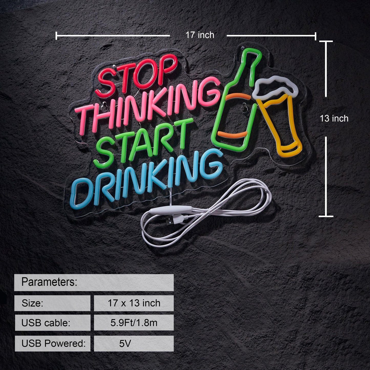 Stop Thinking Start Drinking Bar Neon Sign for Bar Sign Wall Décor with Dimmable Switch for Beer Pub LED Neon Signs Light Decor