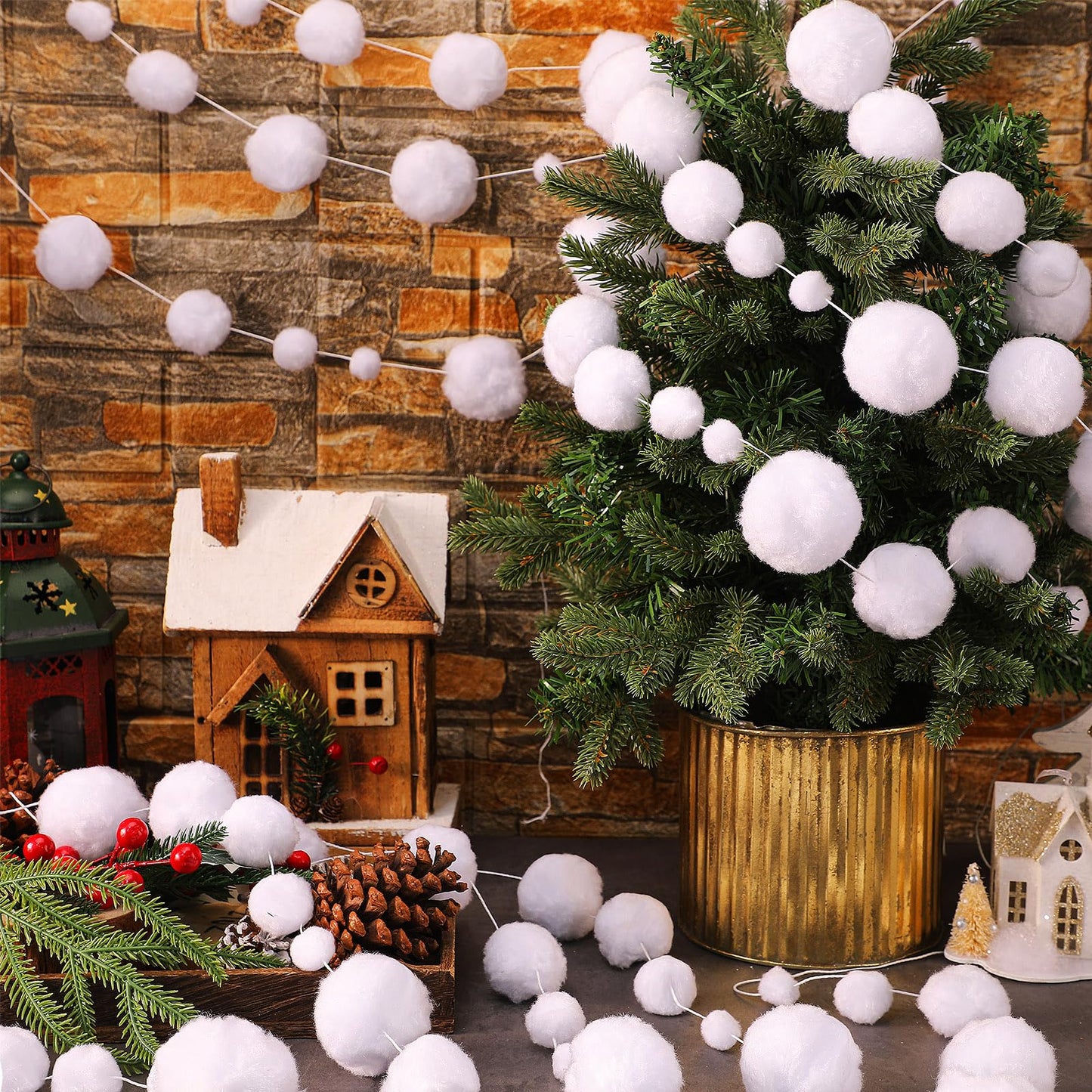 Tegeme 48 Pcs Winter Snowball Garland 6.5 Feet White Pom Pom String Garland Winter Party Wonderland Decoration Snow Ball Hanging Banner White Snowball Decor for Ceiling Tree Holiday Party Wall Home