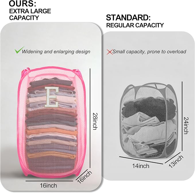 Collapsible Pop Up Laundry Hamper, Extra Large with Removable Initial Letter E, Mesh Foldable Laundry Basket, 28" x 16" x 16" (Pink)
