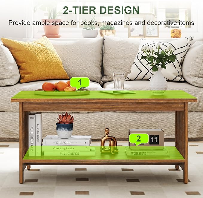 YOSHOOT 39.4" Farmhouse Coffee Table, Small Coffee Tables for Living Room | Rerto Wood, 2 Tier Coffee Table with Storage, Tea Table for Living Room Bedroom Small Space