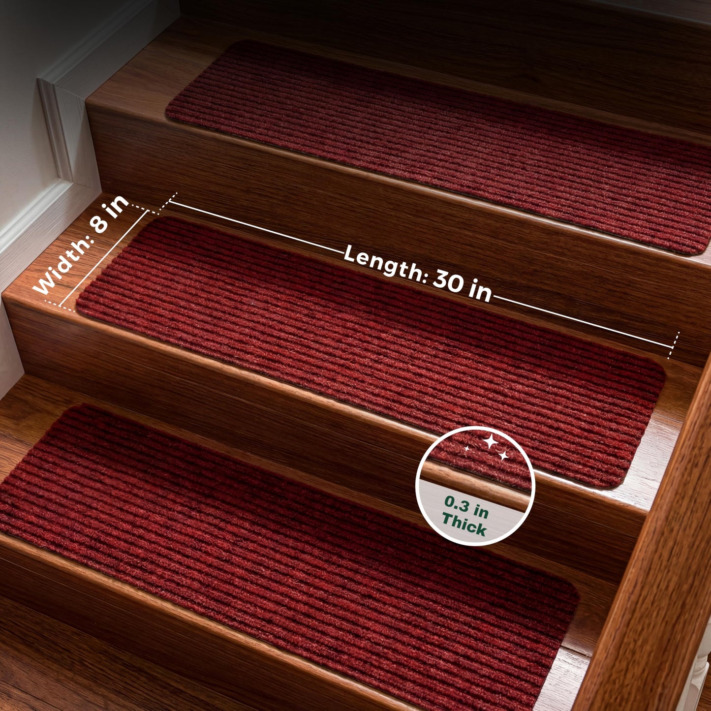 MBIGM 8" X 30" (15 in Pack) Non-Slip Carpet Stair Treads Non-Skid Safety Rug Slip Resistant Indoor Runner for Kids Elders & Pets w/Reusable Adhesive Red Anti-Slip Stair Strips - Washable Stair Treads