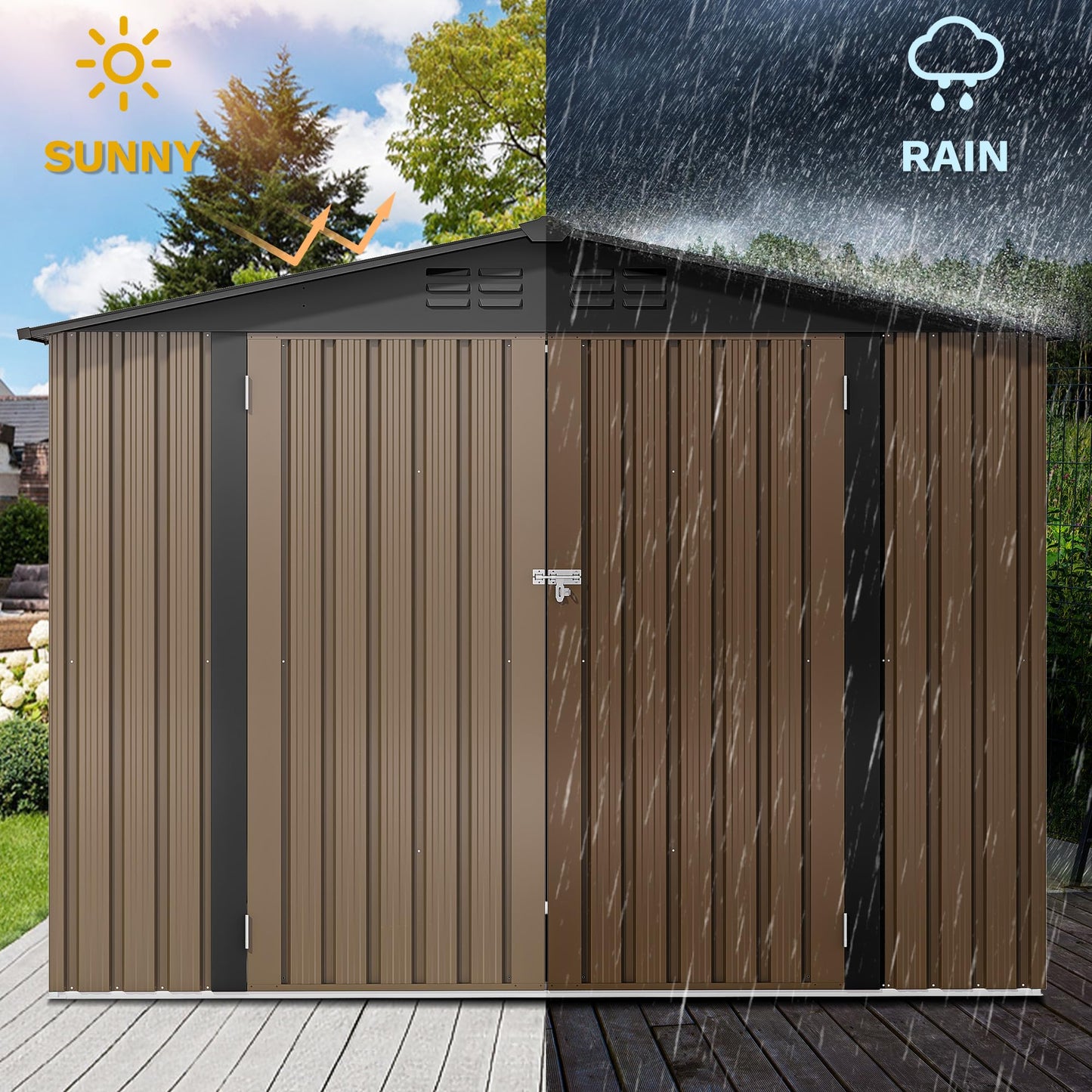 DWVO 7x5ft Metal Outdoor Storage Shed, Waterproof Tool Shed Heavy-Duty Storage Unit with Lockable Door and Vents, Ideal for Bicycles, Tools, Lawnmowers, Backyards, Patios, Lawns - Brown
