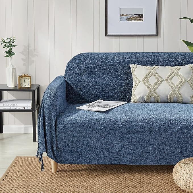 BOURINA Chenille Fluffy Throw Blanket with Decorative Fringe for Couch Cover Sofa Chair Blanket（50×60 Inches） Navy