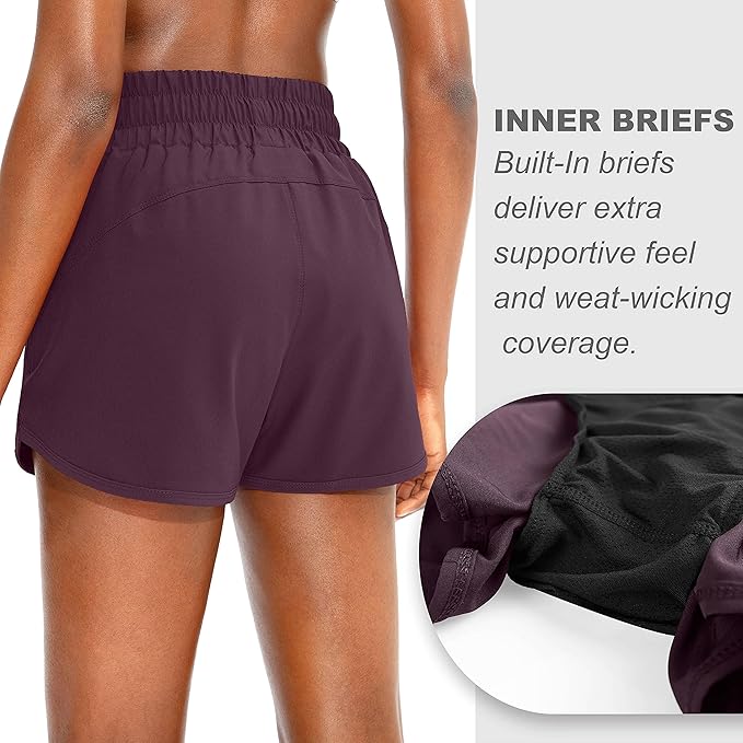 SANTINY Women's Running Shorts with Zip Pockets High Waisted Athletic Workout Gym Shorts for Women with Liner