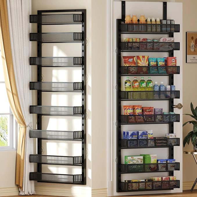 Over the Door Pantry Organizer, 8-Tier Over the Door Spice Rack with Adjustable Baskets, Wall-Mounted or Hanging Shelves for Kitchen, Laundry Room, Bathroom(Black, 19.3"W x 5.2"D x 72.6"H)