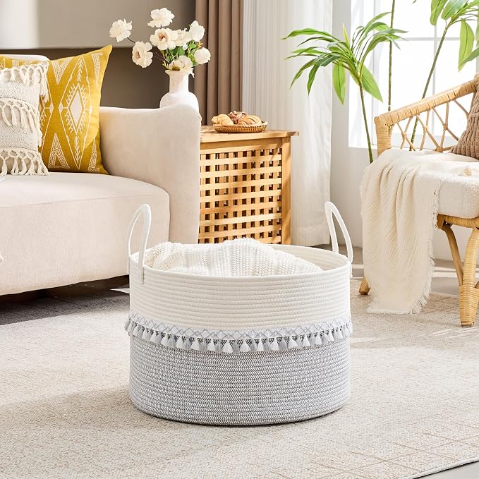 KAKAMAY Cotton Rope Storage Basket (20"x13"),Woven Hamper for Blankets,Toys,Pillows,Clothes,Laundry,Sturdy Handles Decorative Basket for Living Room, Bedroom,Nursery(Grey/Black)