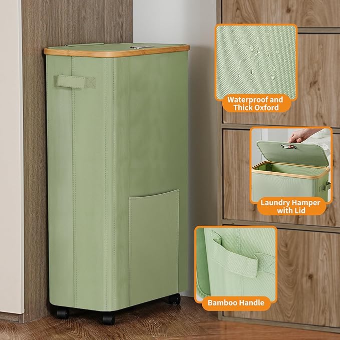 Vincona Laundry Basket with Wheels, Dirty Clothes Hamper on Wheels, Rolling Tall Laundry Hamper with lid for Laundry Room, Dorm and Bathroom, 75L Sage Green