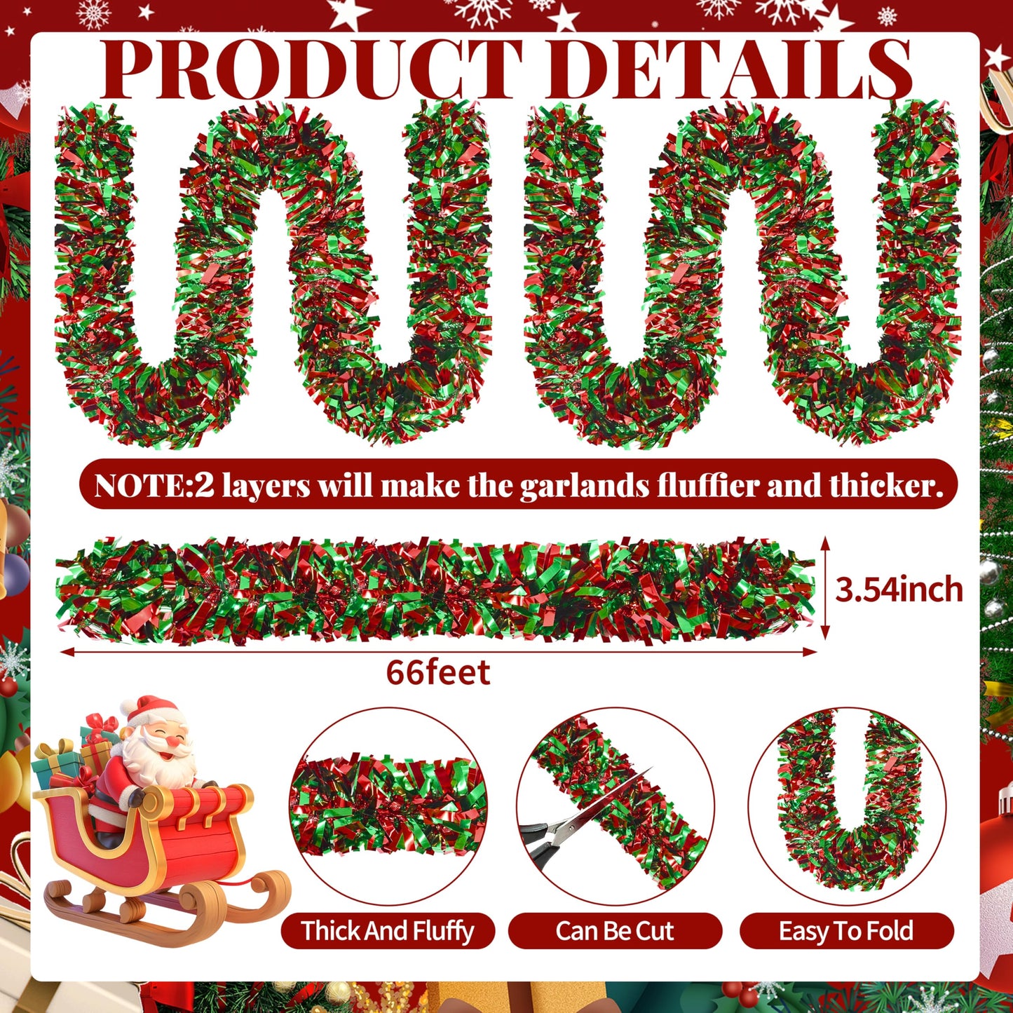 66 Ft Christmas Tinsel Garland Thick Tinsel Garland Xmas Tree Decorations Metallic Tinsel Twist Garland for Christmas, Birthday, Party Decor Indoor Outdoor Party Supplies (Green-Red)