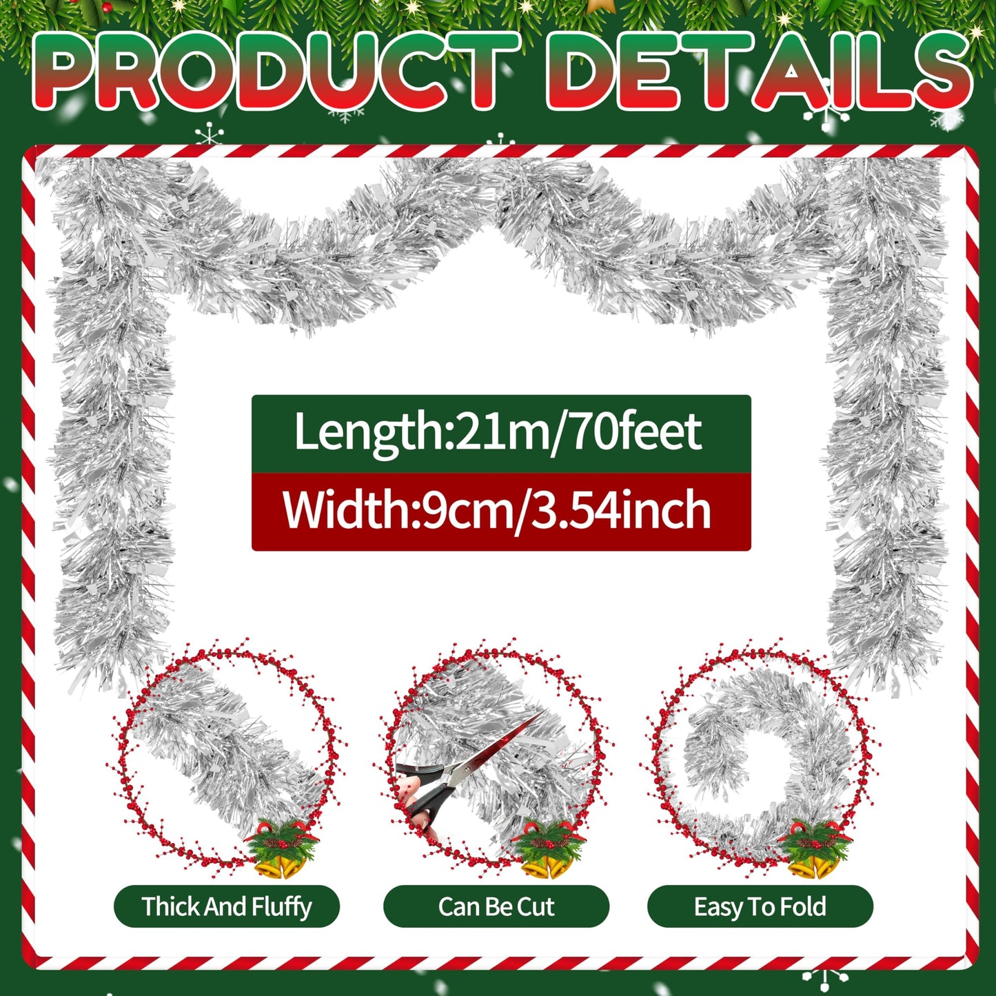 70 Ft Christmas Tinsel Garland Metallic Tinsel Twist Garland Glitter Christmas Tree Hanging Decorations for New Year Party Birthday Holiday Indoor Outdoor Supplies