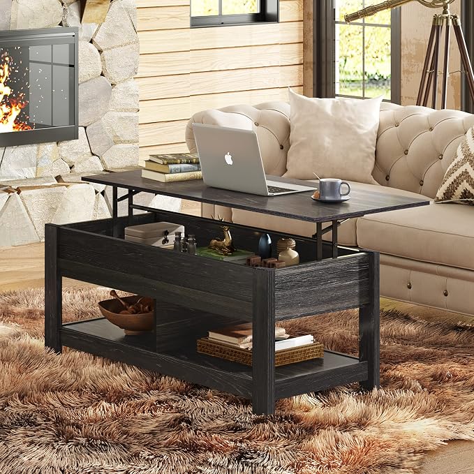 WLIVE Coffee Table, 47" Lift Top Coffee Table with Hidden Compartment and 2 Storage Shelves for Living Room, Black Oak