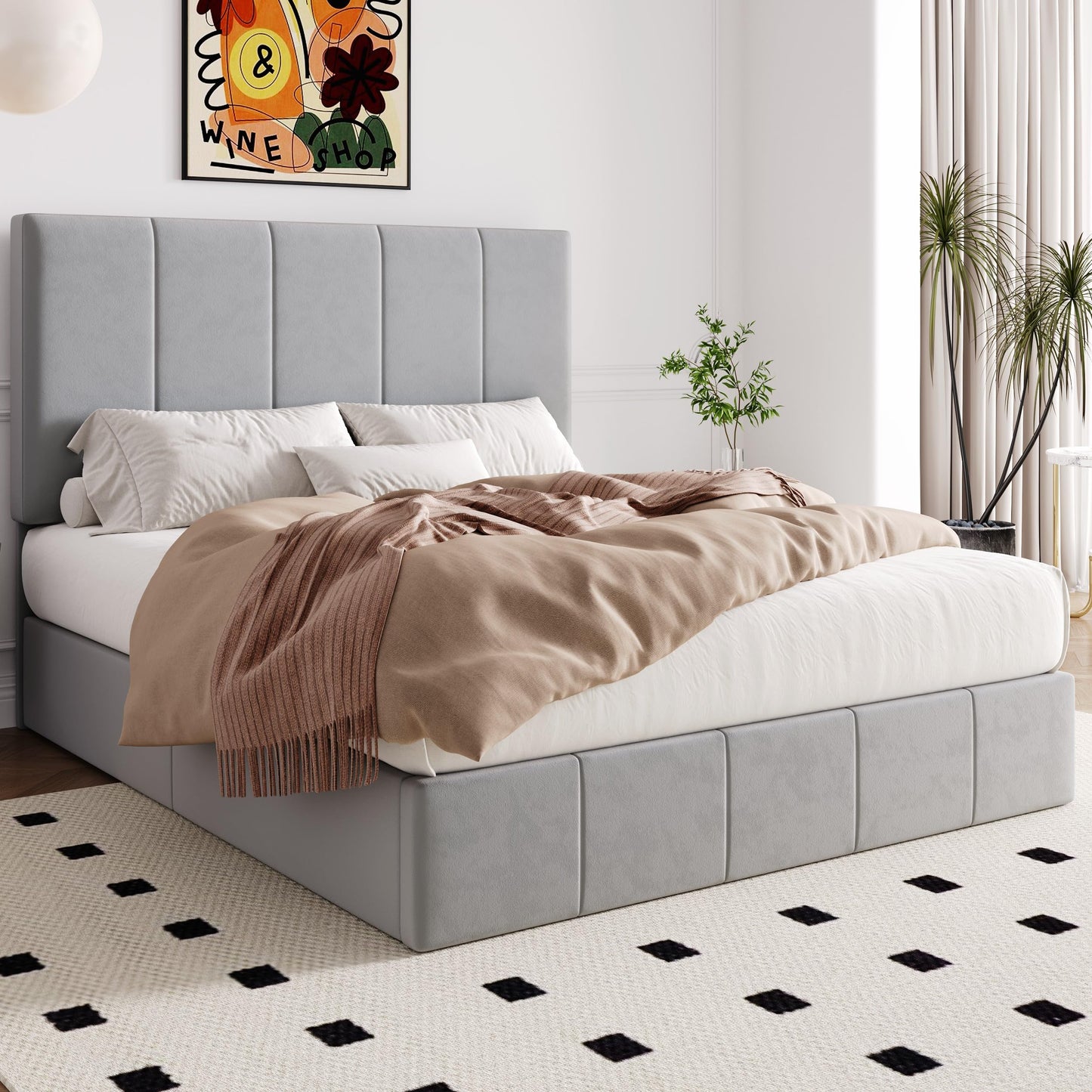 Allewie Full Size Velvet Lift Up Storage Bed Frame, Vertical Channel Tufted Headboard, Hydrualic Underneath Storage, Upholstered Platform Bed, Wooden Slats Support, No Box Spring Needed, Gray
