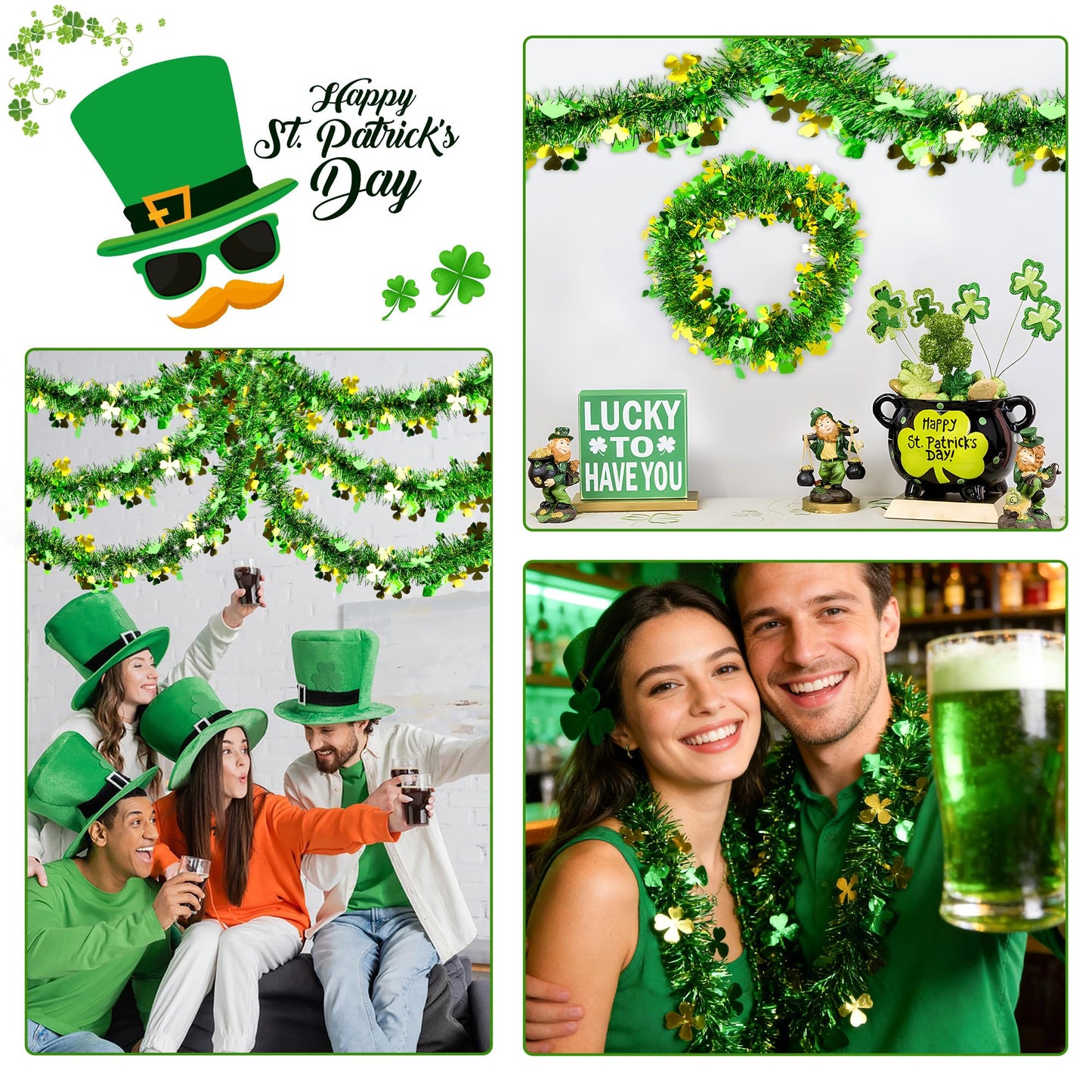 33FT St Patricks Day Decorations Gold Green Shamrock Hat Tinsel Garland, Shiny Metallic Hanging Shamrock Garland Streamer Saint Patricks Day Decor for St Patrick's Day Home Indoor Outdoor Irish Party