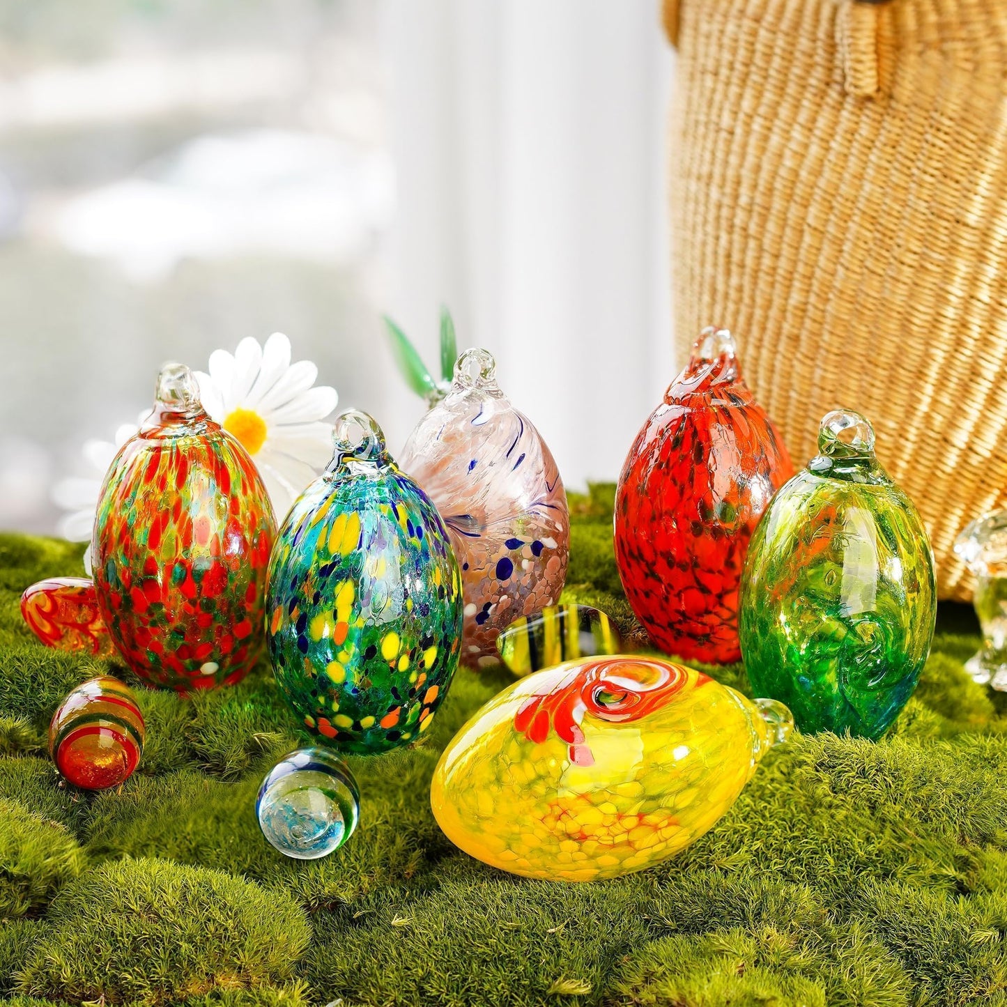6PCS Blown Glass Balls Ornaments 3.9'' Hanging Crystal Decorative Eggs for DIY Centerpiece Party Favor Gift Spring Home Wedding Table Decor
